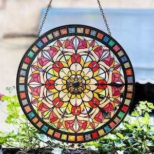 Round Stained Glass Panel, Mandala Suncatcher, Geometry Window Hanging, Meditation Decor, Yoga Teacher Gift, Mandala Art Glass, Window Decor