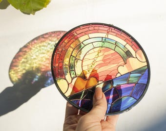 Rainbow Glass Suncatcher, Sunset Stained Glas Panel, Colorful Coastal Decor, Mosaic Window Hanging