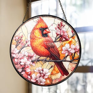 Cardinal Bird Stained Glass Suncatcher, Red Cardinal Bird Feeder Decor, Window Hanging Home Decor, Bird Lover Gift, Housewarming Gift