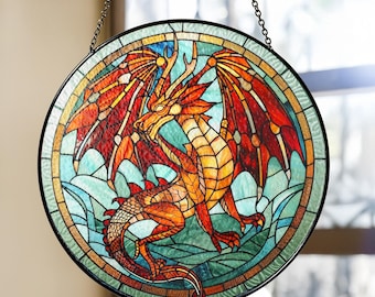 Red Dragon Stained Glass Suncatcher, Fantasy Window Decor, Handmade Mythical Creature Gift, Dragon Lover Wall Hanging, Halloween Ornament