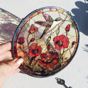 Poppy Flower Suncatcher, Hummingbird Sun catcher, Poppy Stain Glass Window Hanging, Glass Art Painting, Home Decor, Flower Window Hanging