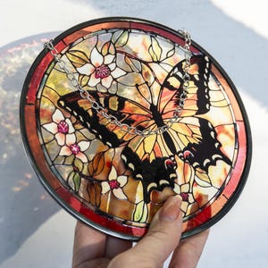 Monarch Butterfly Stained Glass Suncatcher, Butterfly Flying Among Flowers, Handmade Stained Glass Art, Butterfly Garden Print, Glass Art