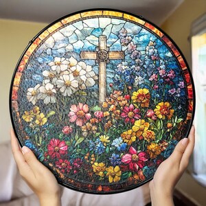 Cross and Wildflower Suncatcher gift for Mom, Stained Glass Style Art Decor, Gift for Goddaughter Bright Light Catcher, Cross Window Hanging