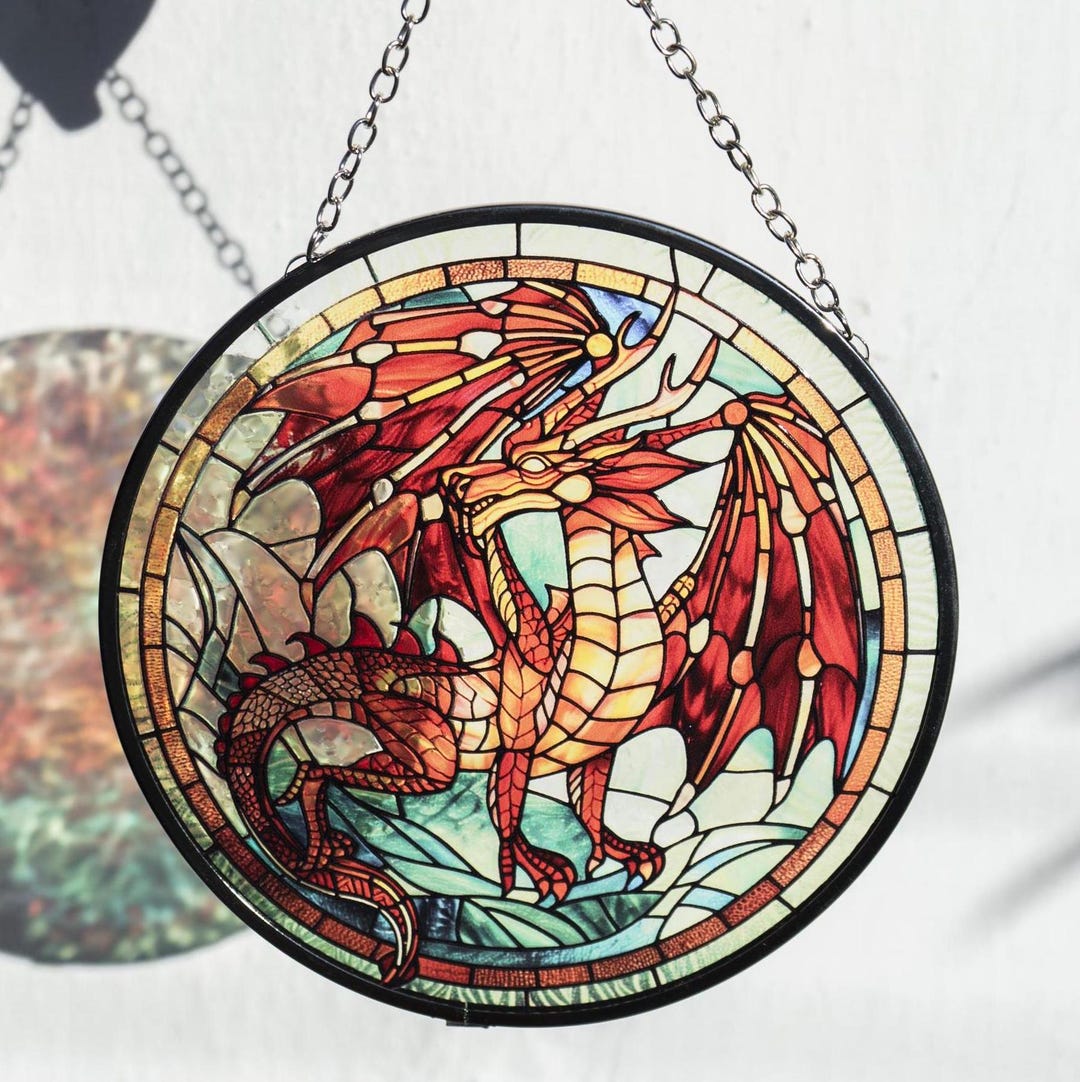 Stained Glass Dragon Suncatcher, Fantasy Window Hanging, Dragon Wall ...