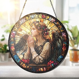 Praying Angel Suncatcher, Stained Glass Style Window Hanging, Sympathy Gift for Loss, Religious Home Decor, Spiritual Gift for Grandparents