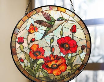 Solfångare med kolibri och vallmo, blommig fönsterdekoration, naturinspirerad glasdekoration, present till fru, alla hjärtans dag-present