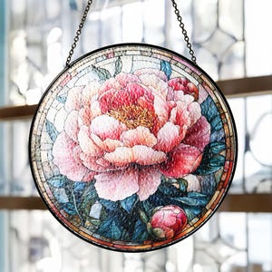 Glass Peony Suncatcher, Floral Window Hanging Ornament, Handmade Flower Glass Art, Christmas Gift for Mom or Wife, Holiday Home Decor Gift
