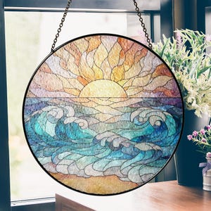 Stained Glass Beach Sunset Suncatcher, Ocean Window Hanging Decor, Summer Gift for Beach Lover, Coastal Glass Art, Sunset Ornament Gift
