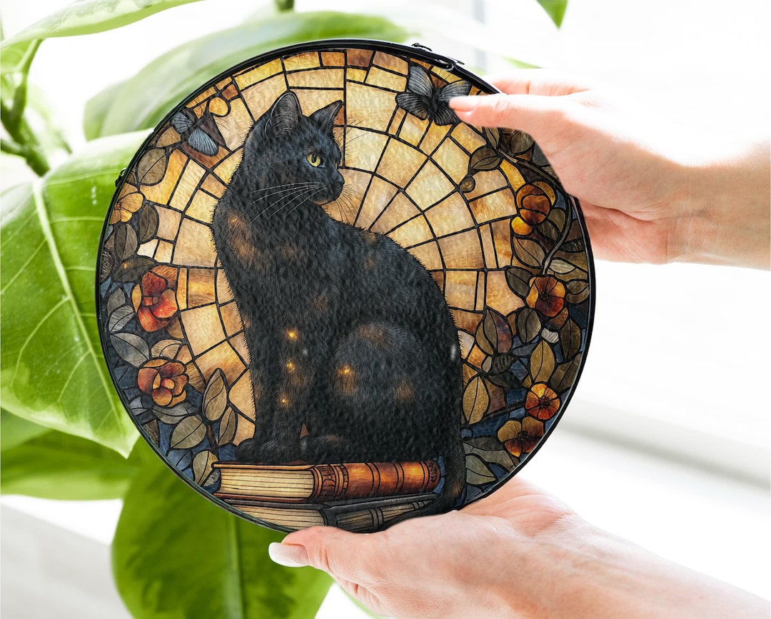 Stained Glass Black Cat Suncatcher, Book and Flowers Window Hanging ...