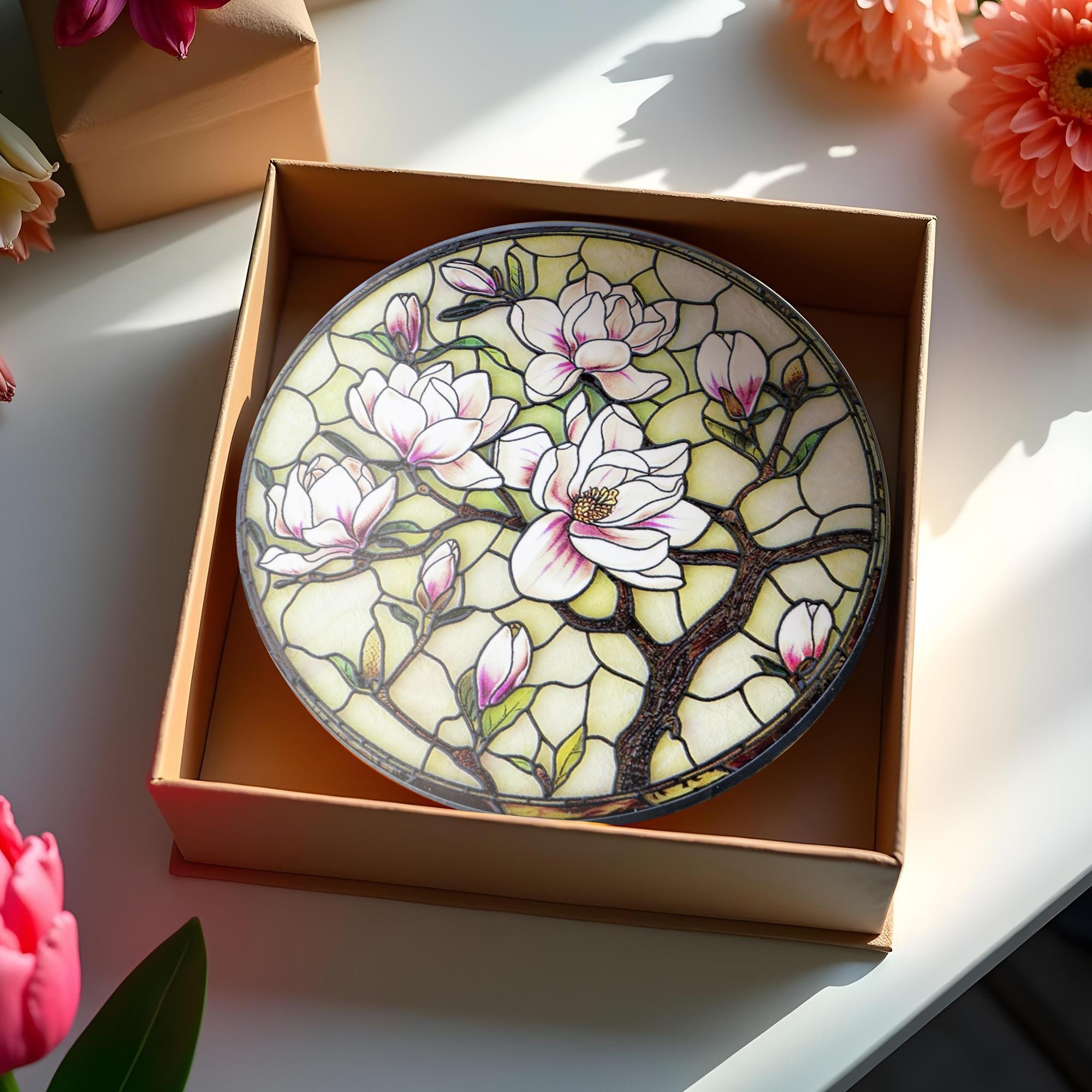 Suncatcher with Magnolia Pink Flower Stained Glass, Gift for Girlfriend, Window Hangings Light Catcher, Mothers Day Gift Idea, Magnolia Tree