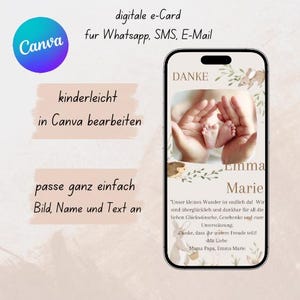 Digitale bedankkaart, geboortekaart, gepersonaliseerde template voor Canva, geboorteaankondiging meisje en jongen, geboorteaankondiging, pasgeboren