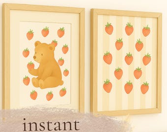 Strawberry Bear Poster Set – Watercolor Nursery Decor Digital Download, Cute Baby Room Wall Art, Modern Nursery Posters