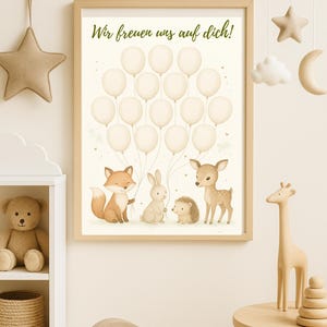 Libro degli ospiti per baby shower con animali della foresta e palloncini | "Non vediamo l'ora di vederti" | Digitale o stampato | per bambine e bambini