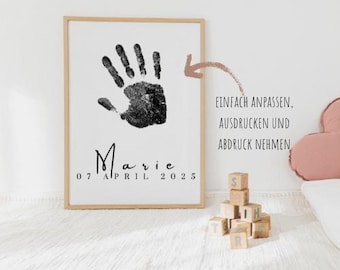 Personlig fotavtryck och handavtryck för bebisen, 1-årspresent, digital utskrivbar gör-det-själv-affisch