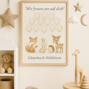 Cartaz para livro de visitas de chá de bebê com animais da floresta e balões | "Estamos ansiosos para ver você" | Digital ou impresso | para meninas e meninos