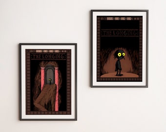 May include: Two framed prints with the title "The Longing" in a dark brown frame. The print on the left shows a dark figure standing on a staircase leading to a doorway. The print on the right shows a dark figure with large yellow eyes standing in a dark room.
