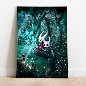 Può includere: Un'illustrazione digitale di due personaggi del videogioco Hollow Knight, seduti su una panchina in un'ambientazione boschiva. I personaggi sono circondati da farfalle blu luminose e fogliame verde. Lo sfondo è scuro e misterioso.