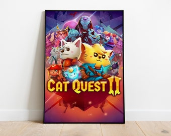 May include: A poster for the video game Cat Quest II. The poster features a group of cartoon cats in a fantasy setting. The title of the game, "Cat Quest II", is written in large, gold letters at the bottom of the poster.