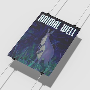 May include: A purple kangaroo with a joey in its pouch stands in a dark forest with green foliage. The text "ANIMAL WELL" is written in white letters on a black background.