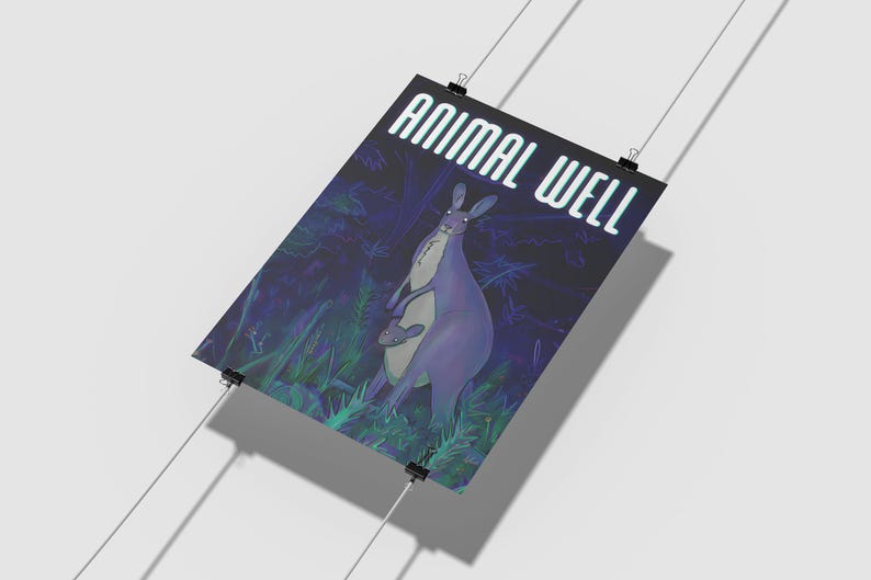 May include: A purple kangaroo with a joey in its pouch stands in a dark forest with green foliage. The text "ANIMAL WELL" is written in white letters on a black background.