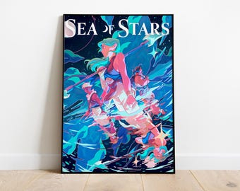 May include: A poster with the title "Sea of Stars" featuring a colourful illustration of a group of people in a fantastical setting. The illustration is done in a vibrant blue, pink, and purple colour palette.