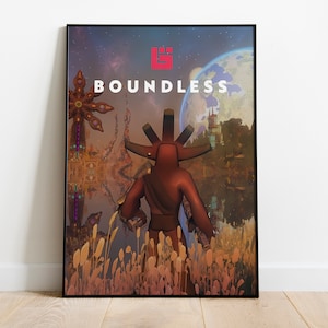 Puede incluir: Un póster con una ilustración digital de un personaje del videojuego Boundless. El personaje está de pie en un campo de hierba alta, mirando hacia una ciudad en la distancia. El cielo es de un morado y azul vibrantes, con un planeta en el fondo. El texto "Boundless" está escrito en letras blancas sobre un fondo rojo.