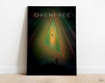 May include: A poster with a dark background and a large, glowing green triangle in the centre. The triangle is surrounded by lines of light in red, yellow, and blue. The text "OXENFREE" is at the top of the poster in white.
