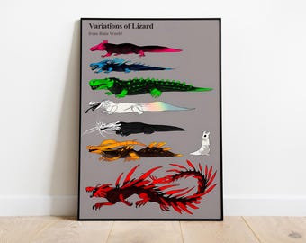 May include: Variations of Lizard from Rain World, a digital illustration featuring seven different coloured lizards with varying body shapes and sizes, including a red, orange, green, blue, white, black, and pink lizard.