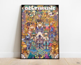 May include: A framed poster with the word "DELTARUNE" at the top, showcasing a detailed and colourful illustration. The artwork features numerous cartoon characters in various outfits. The poster is displayed on a wooden floor.