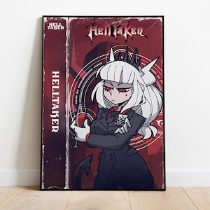 May include: A framed poster featuring a character from the game "Helltaker." The character has white hair, red eyes, and wears a black suit and tie. The poster has the title "Helltaker" in bold letters.
