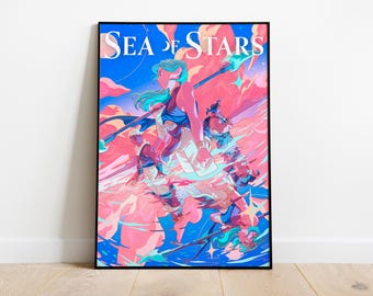 May include: A colourful illustration of a woman with long green hair holding a spear, surrounded by pink and blue clouds and stars. The text "SEA of STARS" is at the top of the image.