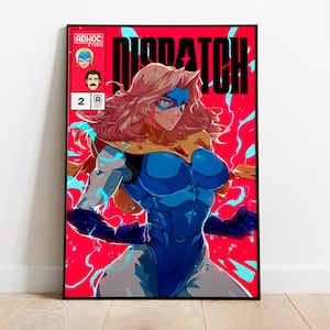 May include: Comic book style art print in a black frame. The artwork features a female superhero in a blue and yellow costume against a red background with the word "DISPATCH". The print includes the text "ADHOC STUDIO" and the number "2".