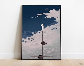 May include: A digital illustration of a white bird perched on a wooden structure against a backdrop of a blue and pink cloudy sky.
