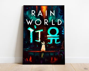 May include: A poster for the video game Rain World, featuring the game's title in white text against a dark background. The poster also features a small, white creature with glowing blue eyes, standing in front of a glowing blue symbol.