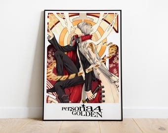 May include: A poster featuring a character from the video game Persona 4 Golden. The character is a young man with white hair, wearing a black suit and a red and white scarf. He is surrounded by golden cards and a white background with a floral pattern.