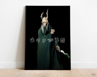 May include: A black and white illustration of a person wearing a green robe and a mask with horns. The person is holding a knife and a small object in their hand. There are five white icons above the person's head.