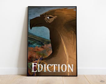 May include: A framed art print depicting a stylized bird of prey. The artwork uses brown and gold tones, with a blue and orange background. The word "Ediction" is printed in white at the bottom of the print.