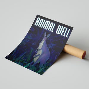 May include: A purple kangaroo with a joey in its pouch stands in a dark forest with green foliage. The text "ANIMAL WELL" is written in white with a blue outline at the top of the image.