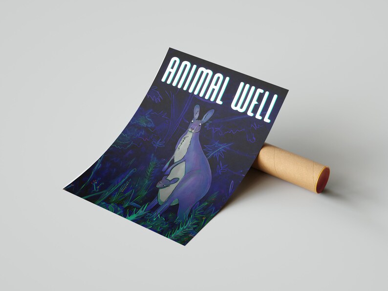 May include: A purple kangaroo with a joey in its pouch stands in a dark forest with green foliage. The text "ANIMAL WELL" is written in white with a blue outline at the top of the image.