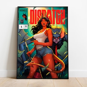 May include: Comic book art print featuring a red-skinned character with horns and a tail, wearing a white tank top and denim shorts. The title "DISPATCH" is in large red letters. A bat-like creature is behind the character.