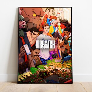 Puede incluir: Una impresión artística enmarcada con una colorida ilustración de estilo anime. La obra de arte representa una multitud de personajes diversos, con la palabra "DISPATCH" en un lugar destacado. La escena incluye varios alimentos y expresiones.