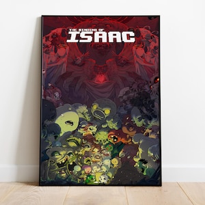 May include: A poster featuring a colorful illustration of the video game "The Binding of Isaac". The poster has a red background with a dark figure in the center. The figure is surrounded by a variety of colorful characters and creatures.