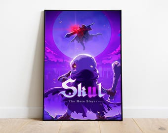 May include: A purple and black poster featuring a skull-like character in the foreground and a silhouette of a figure in the background. The text "Skul - The Hero Slayer" is printed on the poster.