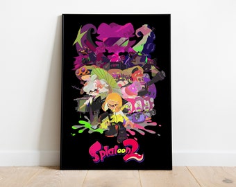 May include: A black and white poster featuring a colourful illustration of characters from the video game Splatoon 2. The characters are arranged in a jumbled pile, with the text "Splatoon 2" at the bottom.