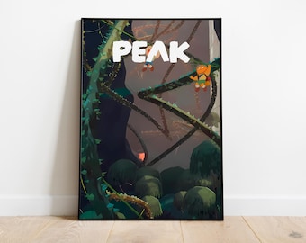 May include: A framed art print with the word "PEAK" in white. The image shows a jungle scene with cartoon characters. The artwork uses greens, browns, and oranges. The print is displayed on a wooden floor.