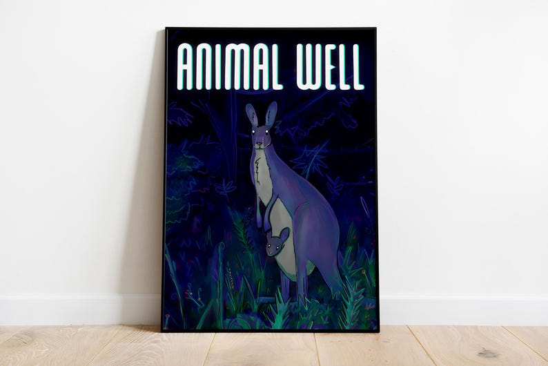 May include: A digital illustration of a purple kangaroo with a joey in its pouch. The background is a dark blue with green foliage. The text "ANIMAL WELL" is at the top of the image.