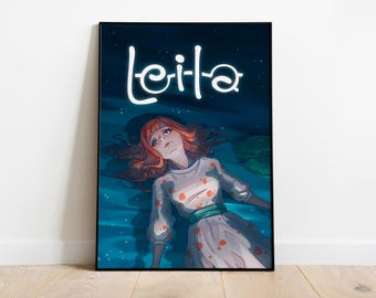 May include: A digital illustration of a woman with long red hair floating in water. The woman is wearing a white dress with red polka dots and the word "Leila" is written in white at the top of the image.