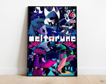 May include: A framed poster featuring characters from the video game Deltarune. The artwork is vibrant, with a dark blue background and characters in shades of blue, purple, green, and pink. The word "Deltarune" is prominently displayed.