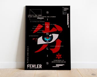 May include: Black rectangular art print with white and red graphic design elements. The design includes an eye, Japanese characters, and the word "SIGNAL". Text includes "wake up" and "FEHLER".