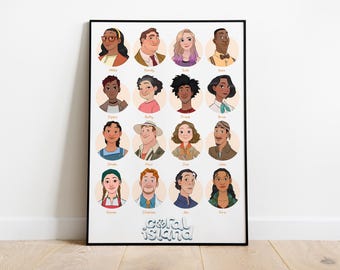 May include: A framed poster with cartoon portraits of diverse characters, each in a peach circle. The characters have varied skin tones, hairstyles, and clothing. The poster features the text "Coral Island" in a stylized font, suggesting a game or show.